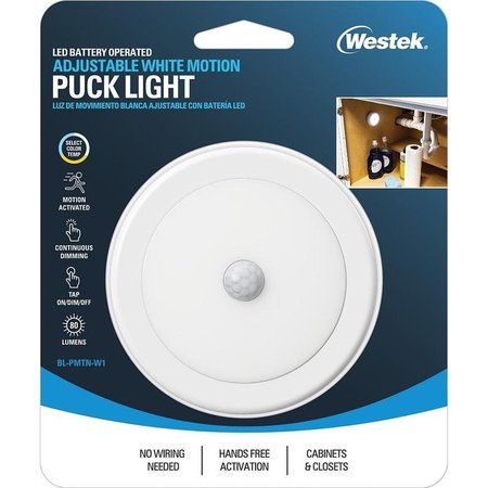 WESTEK Motion Activated Puck Light, AA Battery, LED Lamp, 80 Lumens, 3000, 4000, 5000 K Color Temp BL-PMTN-W1T